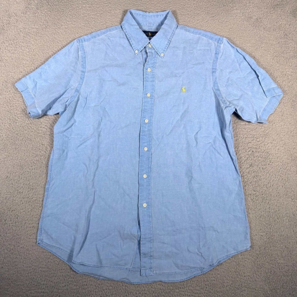 Polo Ralph Lauren Shirt Mens Large Blue 100% Linen Button Down Short Sleeve Pony